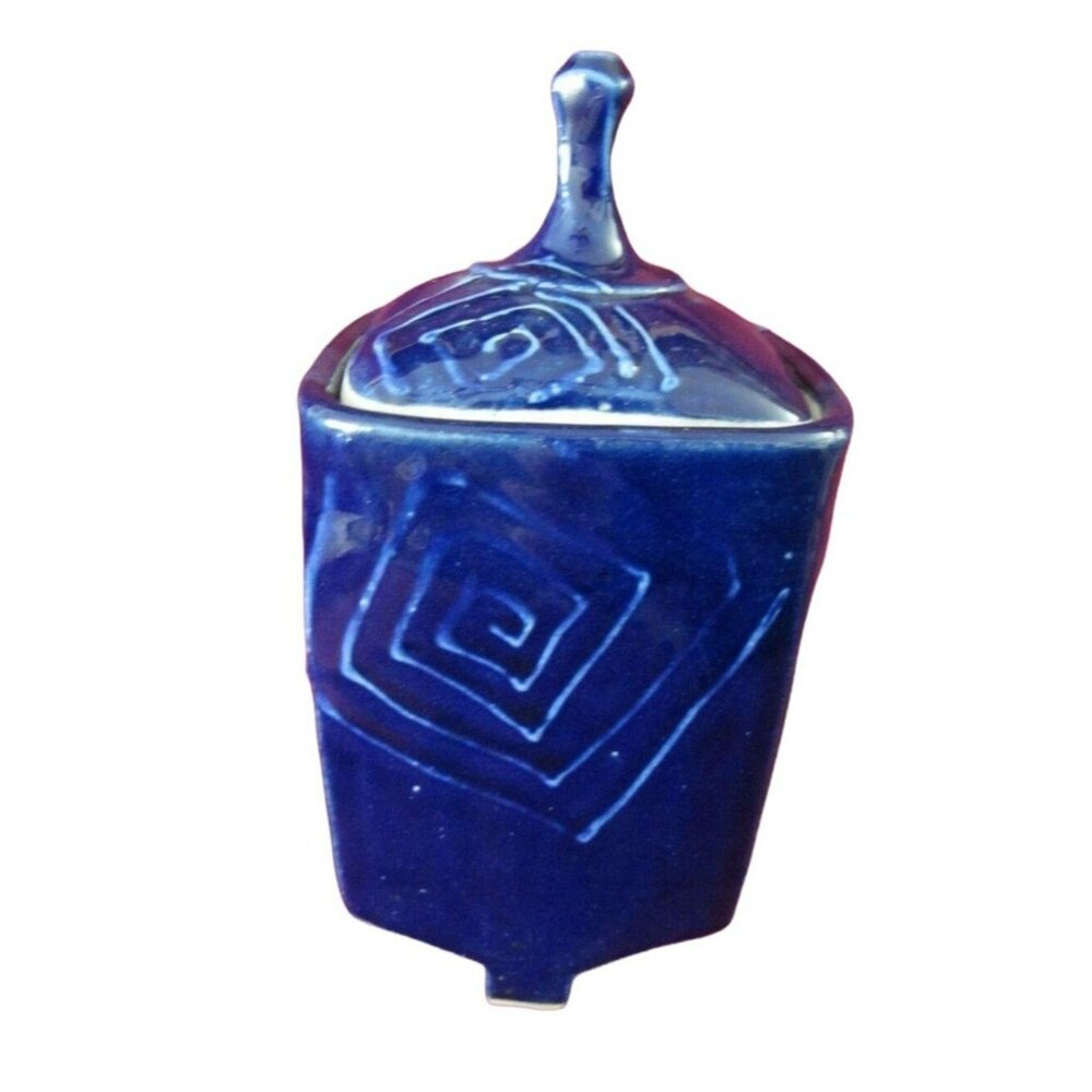 Blue Jar Art Pottery Vintage Elizabeth James Lidded Swirl Design Idaho JJ3741